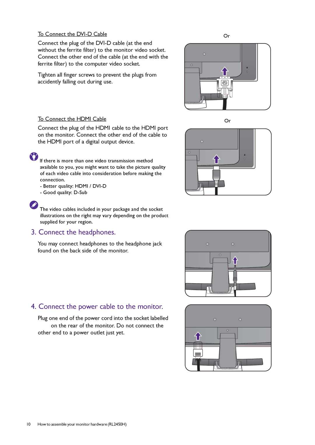 BenQ RL2450HT user manual Connect the headphones, Connect the power cable to the monitor 