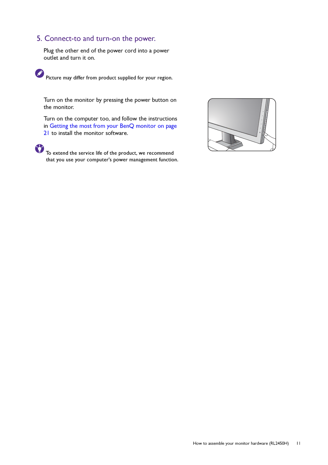 BenQ RL2450HT user manual Connect-to and turn-on the power 