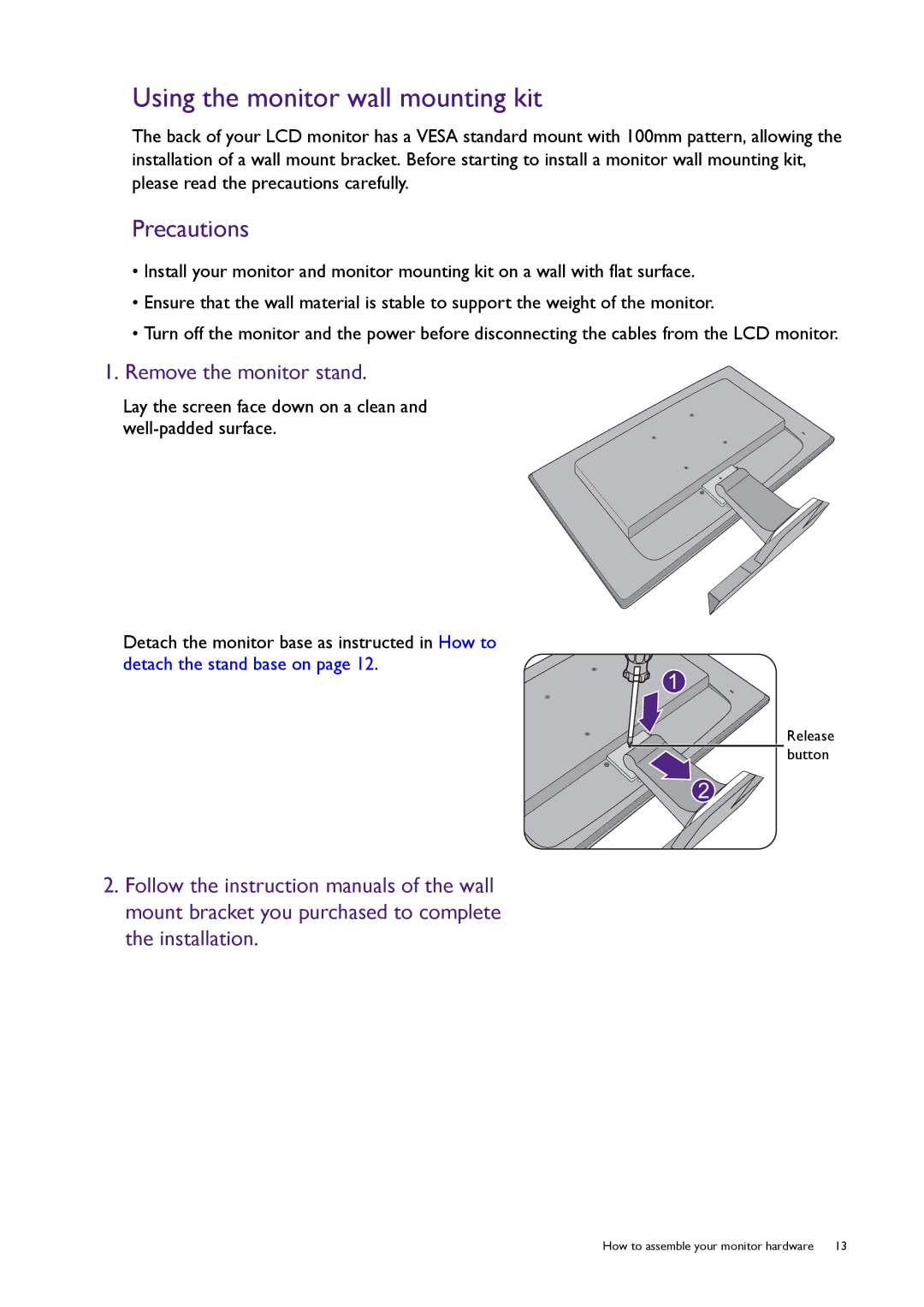 BenQ RL2450HT user manual Using the monitor wall mounting kit, Precautions 