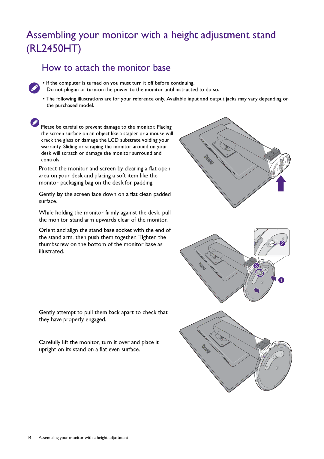 BenQ RL2450HT user manual How to attach the monitor base 