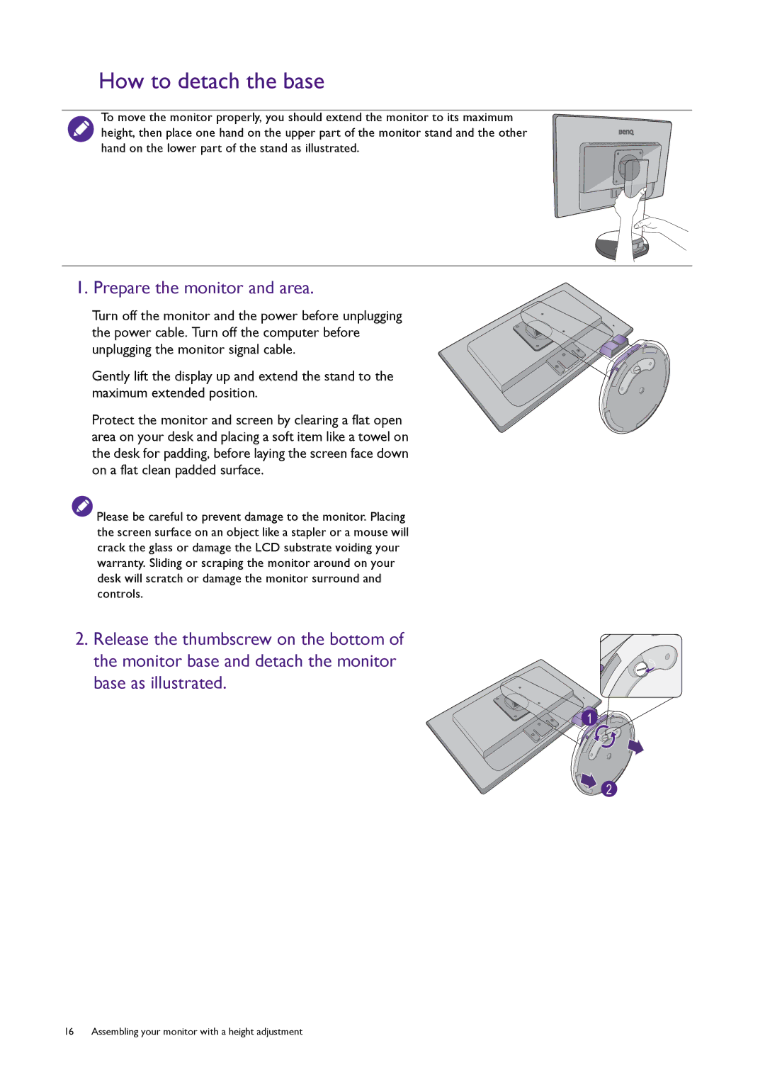 BenQ RL2450HT user manual How to detach the base, Prepare the monitor and area 