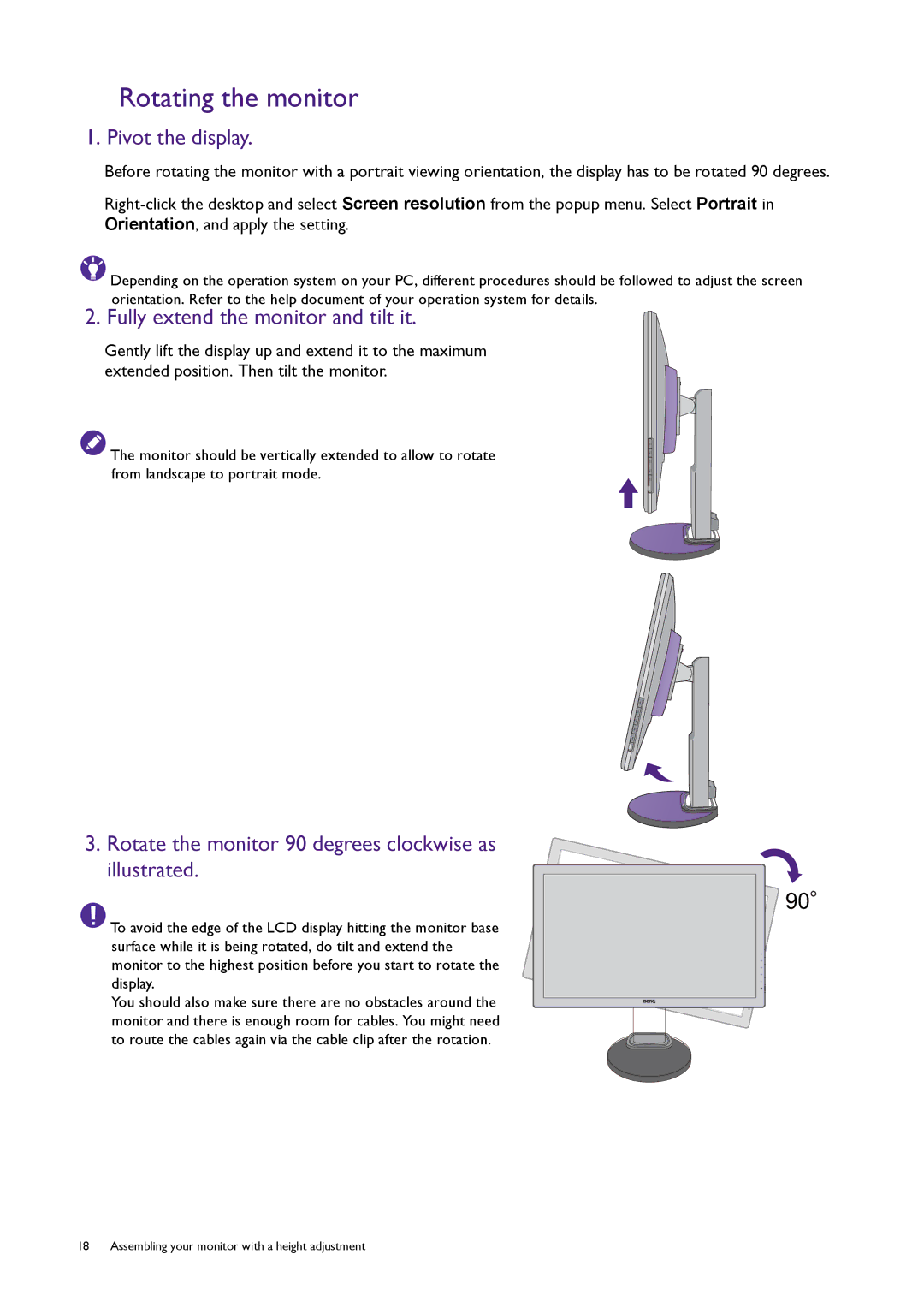 BenQ RL2450HT user manual Rotating the monitor, Pivot the display, Fully extend the monitor and tilt it 