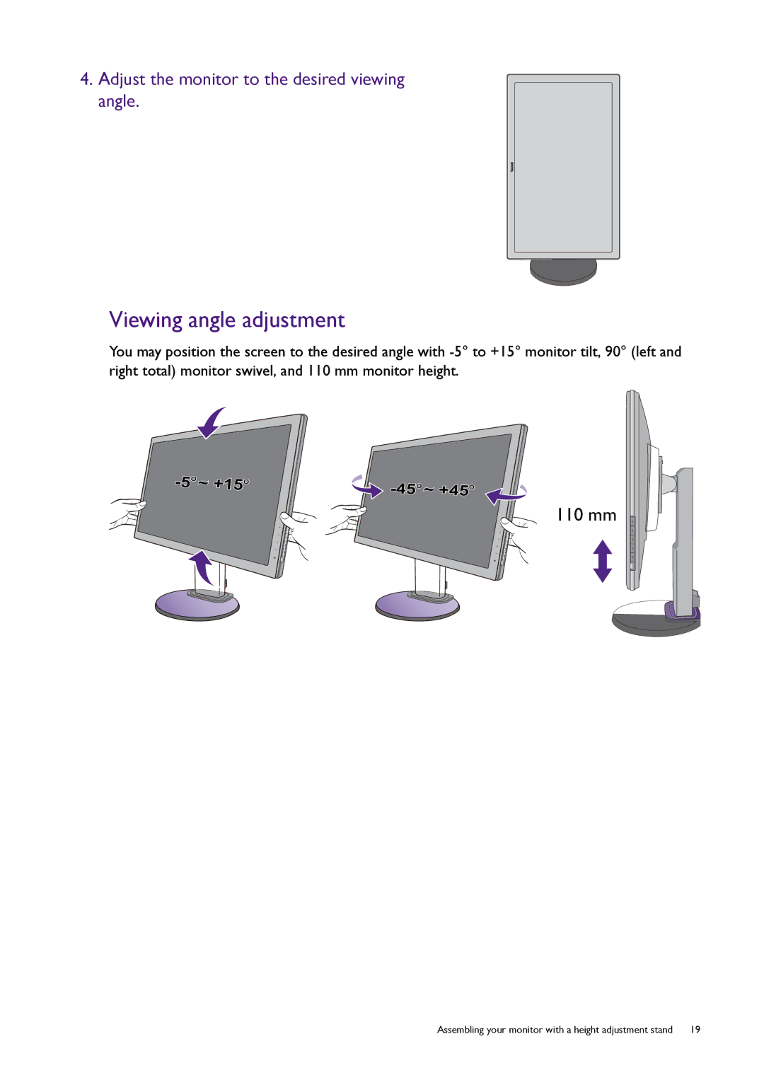 BenQ RL2450HT user manual Viewing angle adjustment, Adjust the monitor to the desired viewing angle 