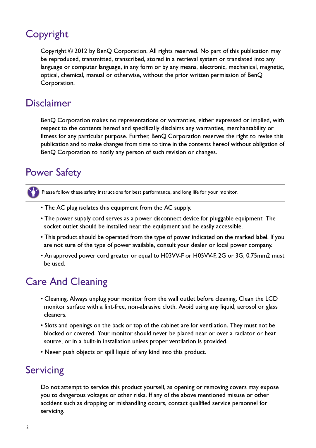 BenQ RL2450HT user manual Copyright, Disclaimer, Power Safety, Care And Cleaning, Servicing 