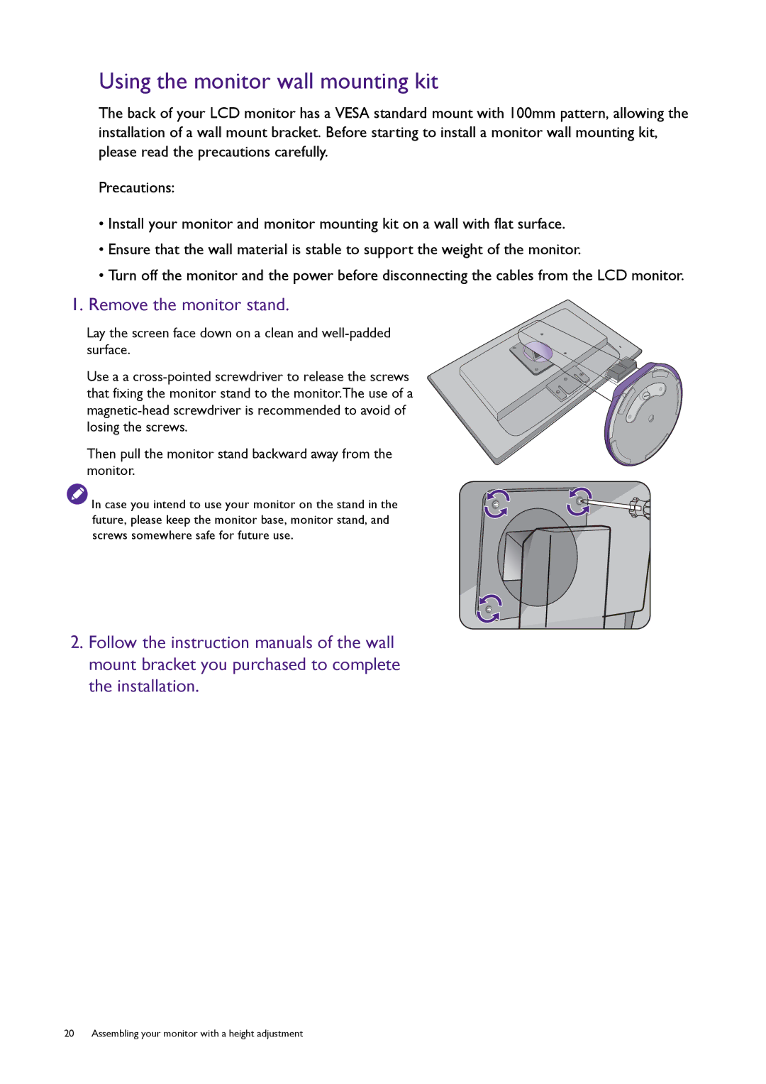 BenQ RL2450HT user manual Using the monitor wall mounting kit 