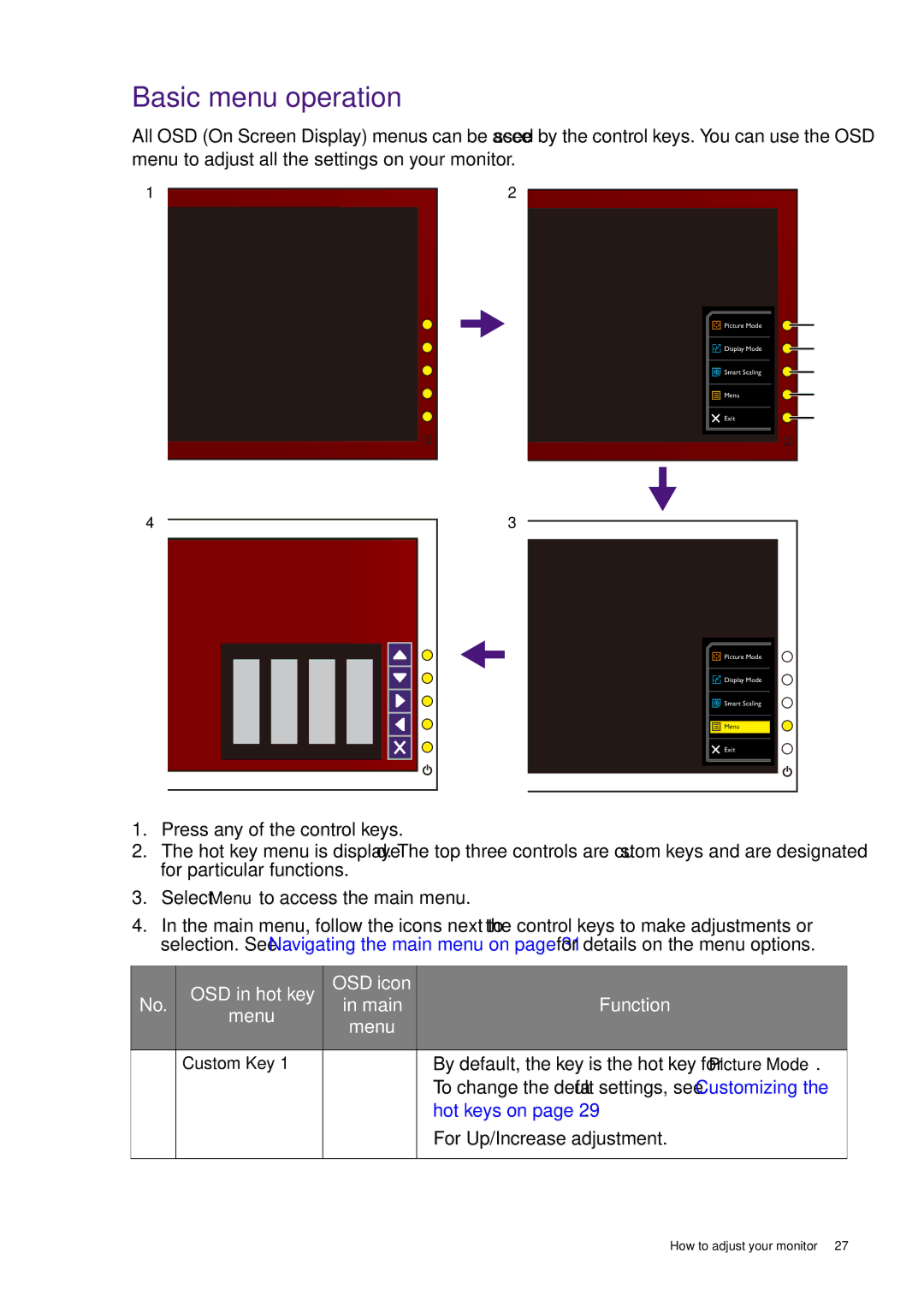 BenQ RL2450HT user manual Basic menu operation 