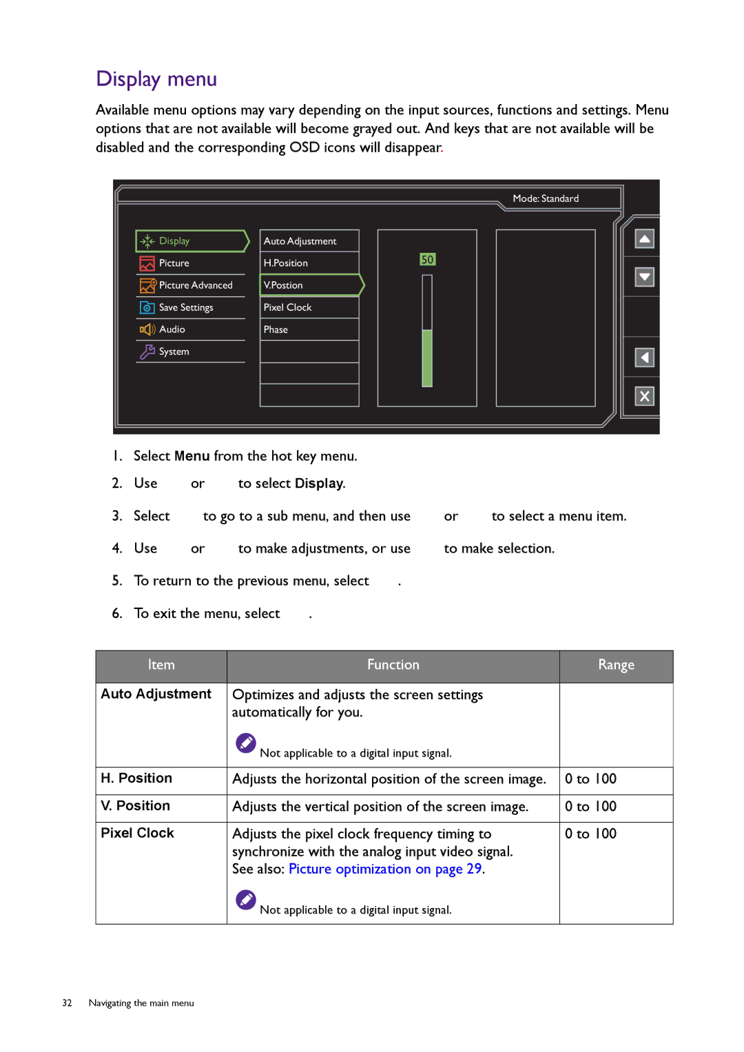 BenQ RL2450HT user manual Display menu, Adjusts the horizontal position of the screen image 