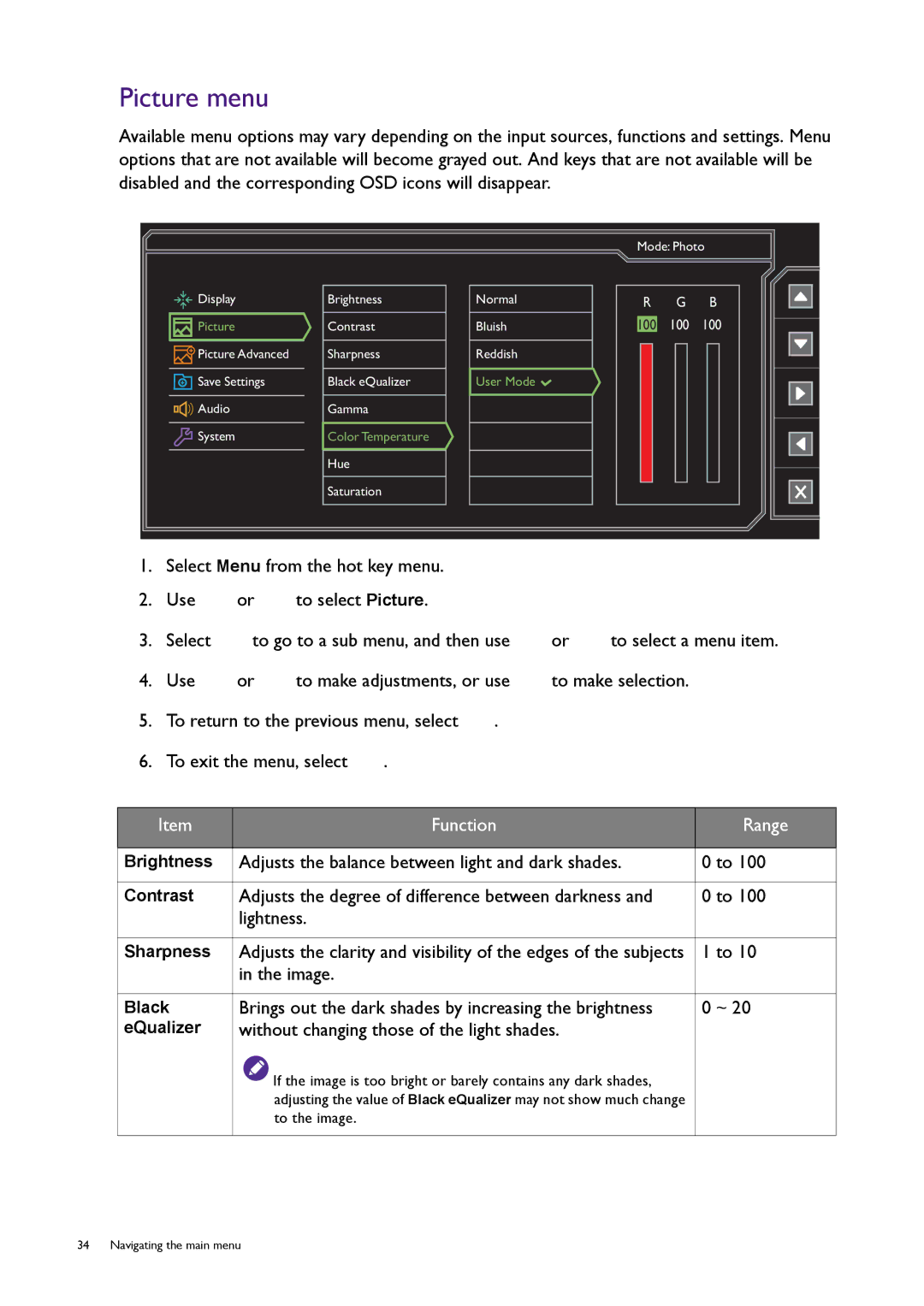 BenQ RL2450H Picture menu, Adjusts the balance between light and dark shades, Without changing those of the light shades 