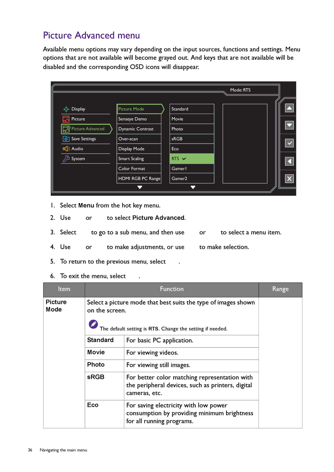 BenQ RL2450HT user manual Picture Advanced menu 