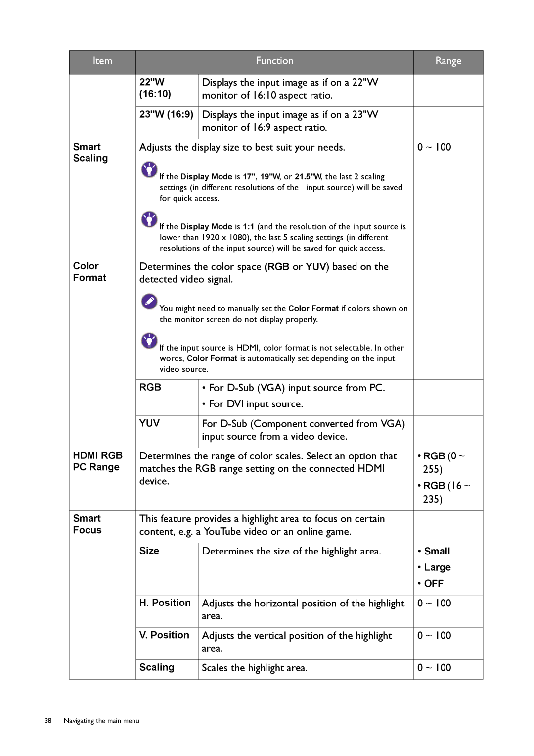 BenQ RL2450HT user manual Displays the input image as if on a 22W, Adjusts the display size to best suit your needs 