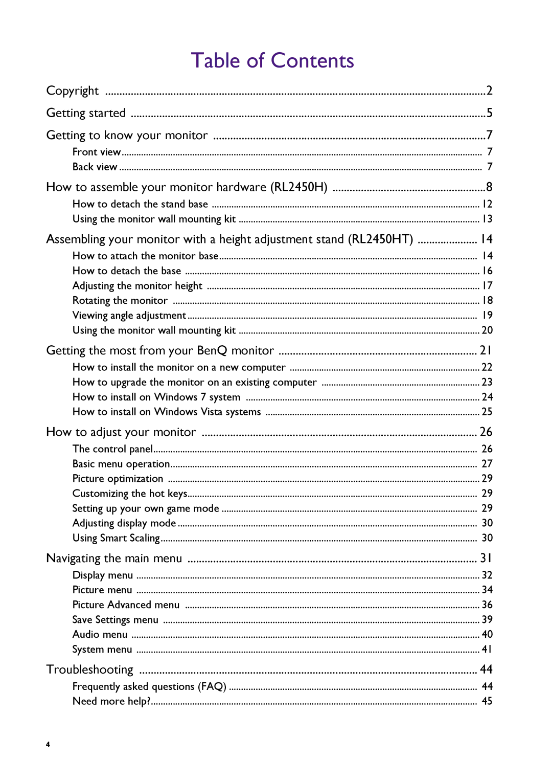 BenQ RL2450HT user manual Table of Contents 