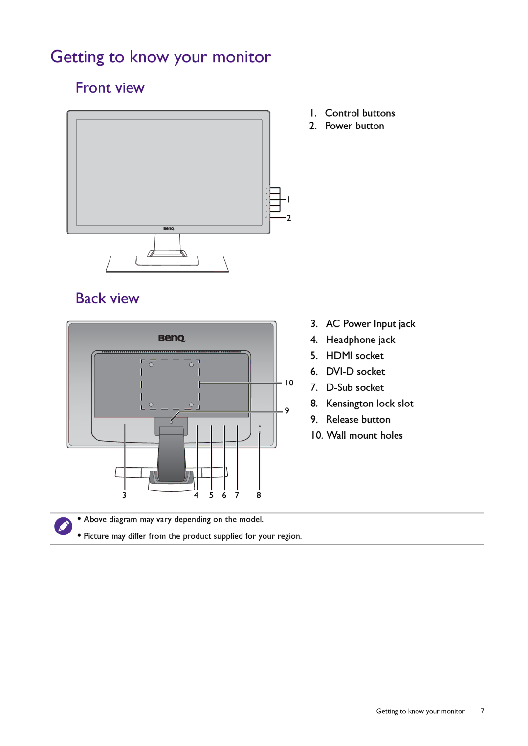 BenQ RL2450HT user manual Getting to know your monitor, Front view, Back view, Control buttons Power button 