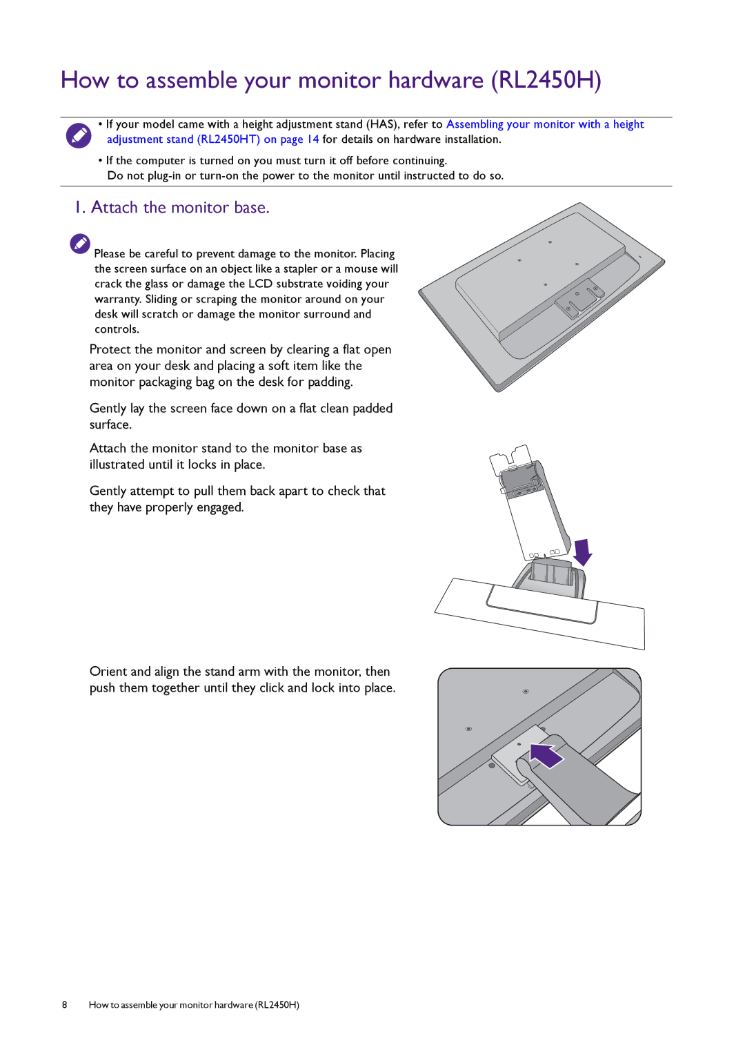 BenQ RL2450HT user manual How to assemble your monitor hardware RL2450H, Attach the monitor base 