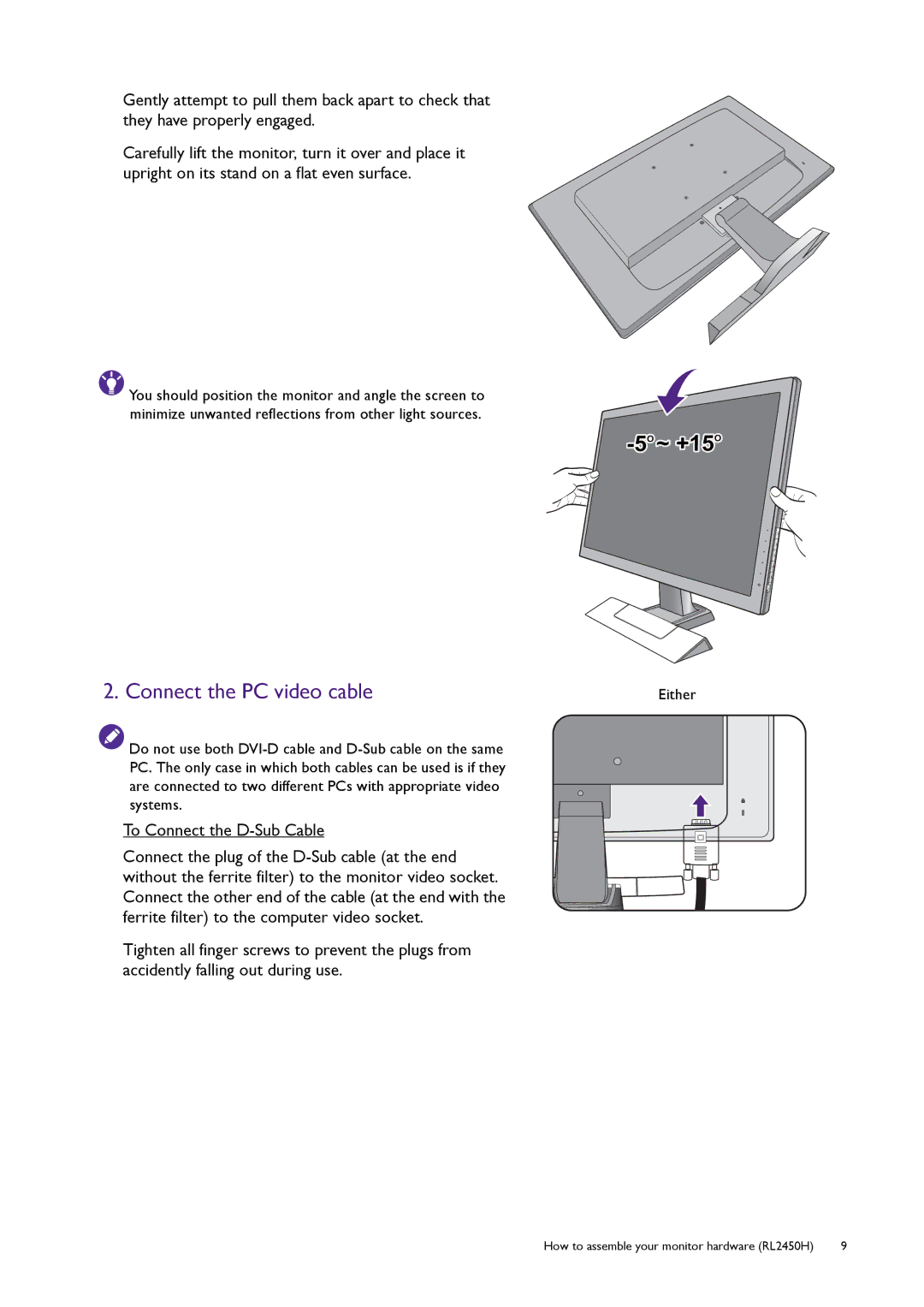 BenQ RL2450HT user manual Connect the PC video cable, ~ +15 