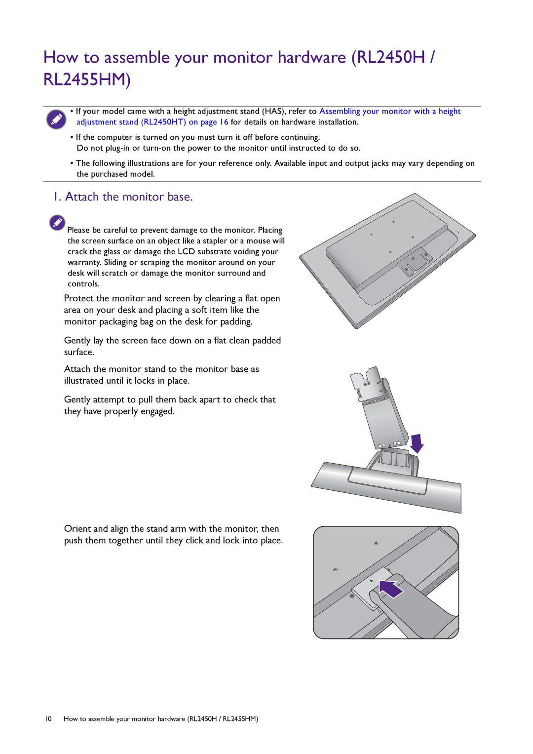 BenQ user manual How to assemble your monitor hardware RL2450H / RL2455HM, Attach the monitor base 