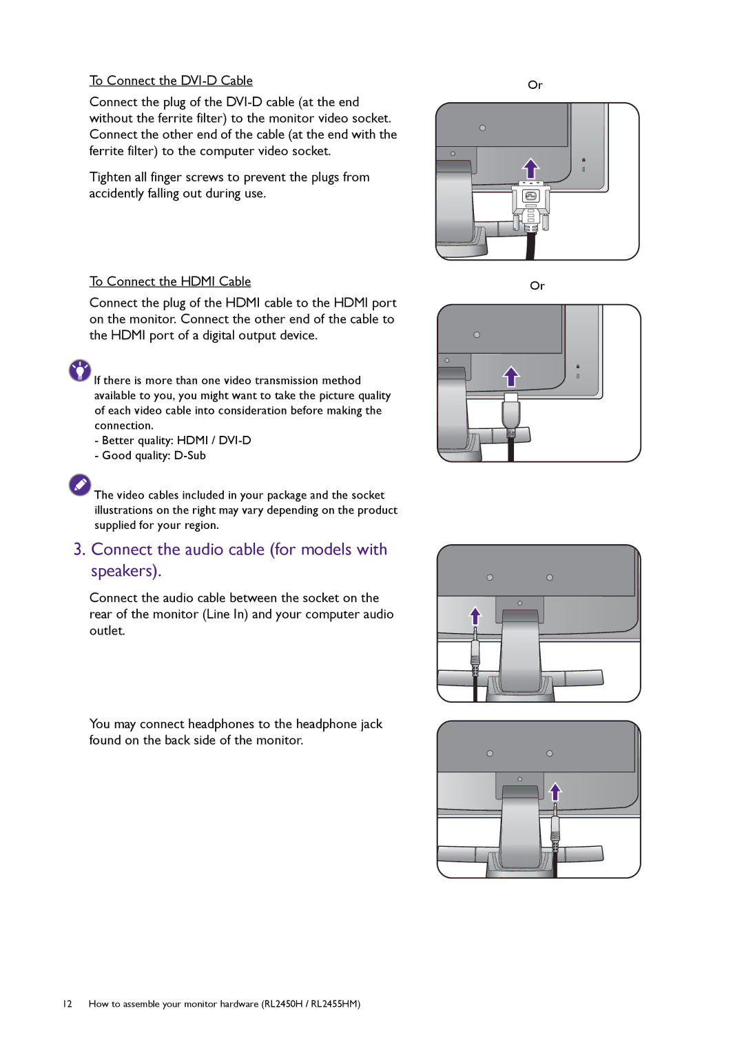 BenQ RL2455HM user manual Connect the audio cable for models with speakers 