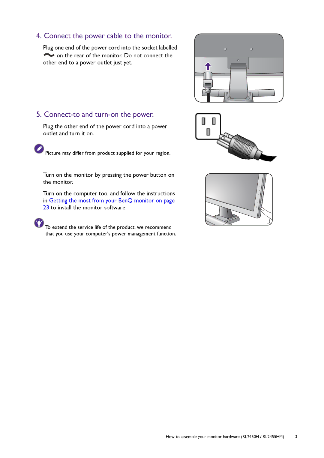 BenQ RL2455HM user manual Connect the power cable to the monitor 