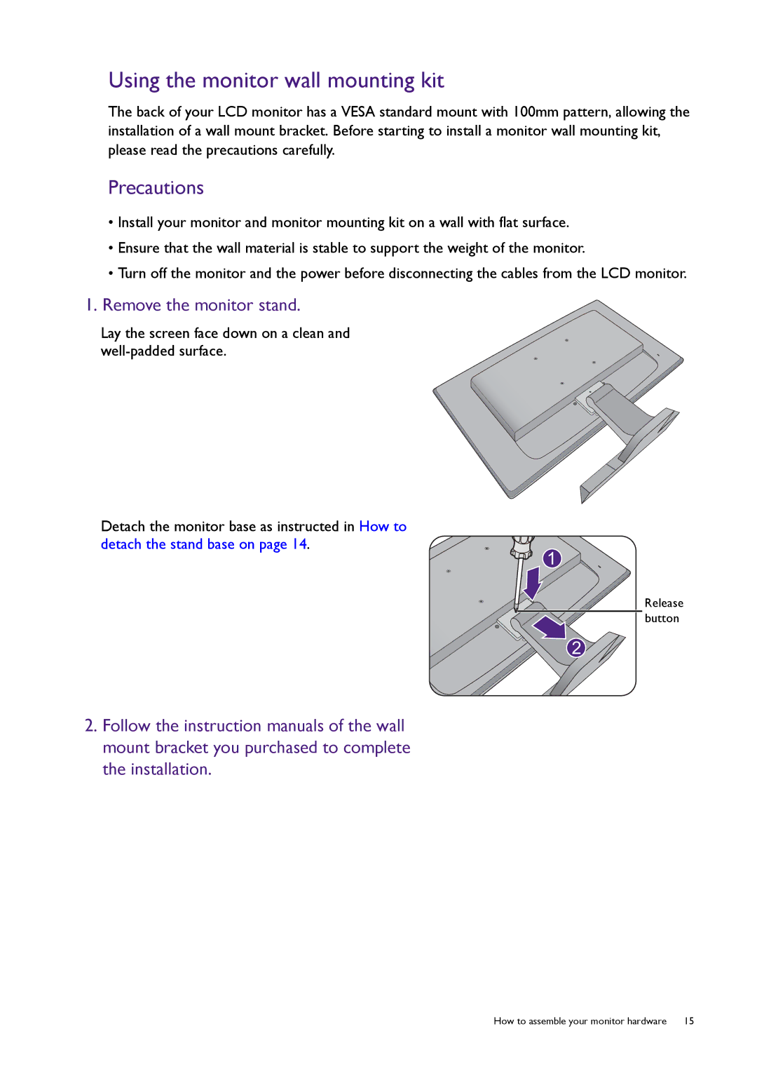 BenQ RL2455HM user manual Using the monitor wall mounting kit, Precautions 