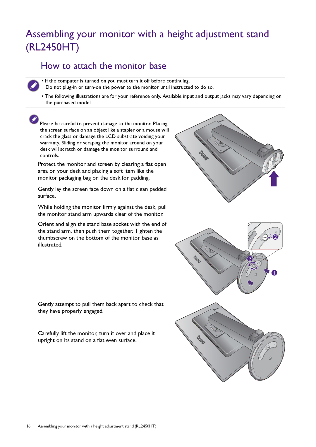 BenQ RL2455HM user manual How to attach the monitor base 