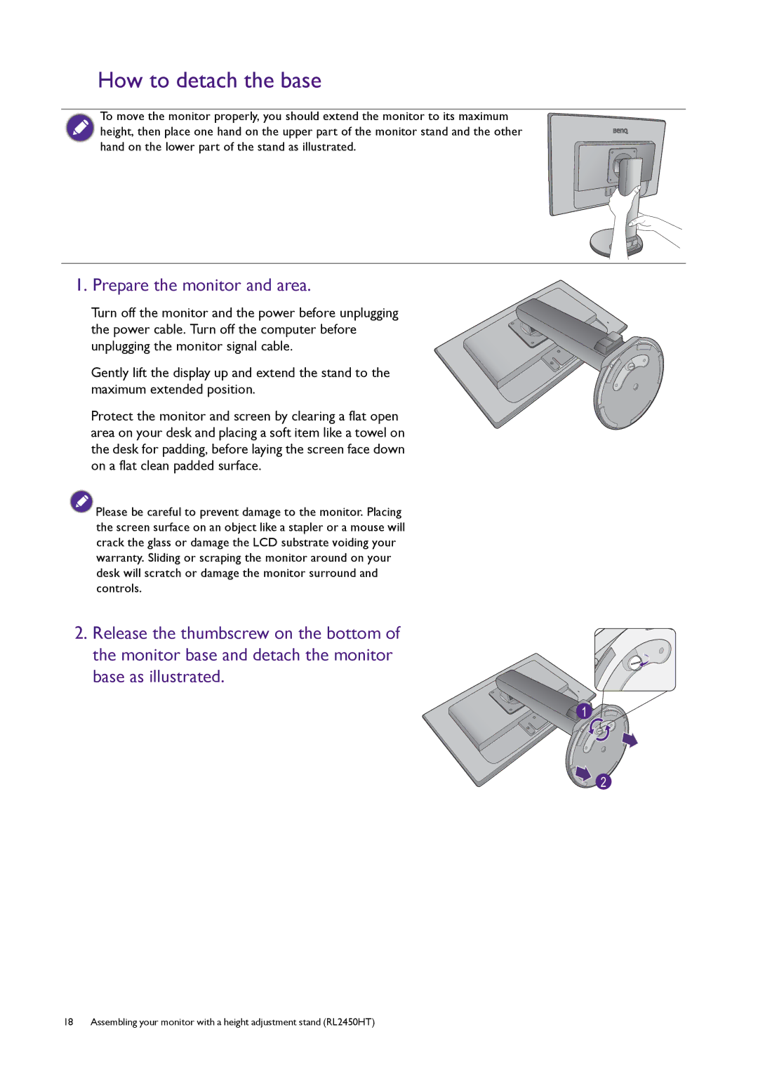 BenQ RL2455HM user manual How to detach the base 