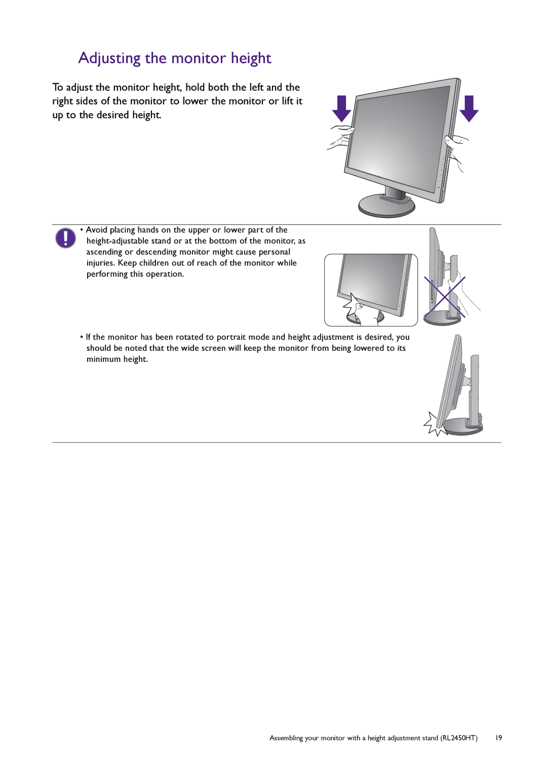 BenQ RL2455HM user manual Adjusting the monitor height 