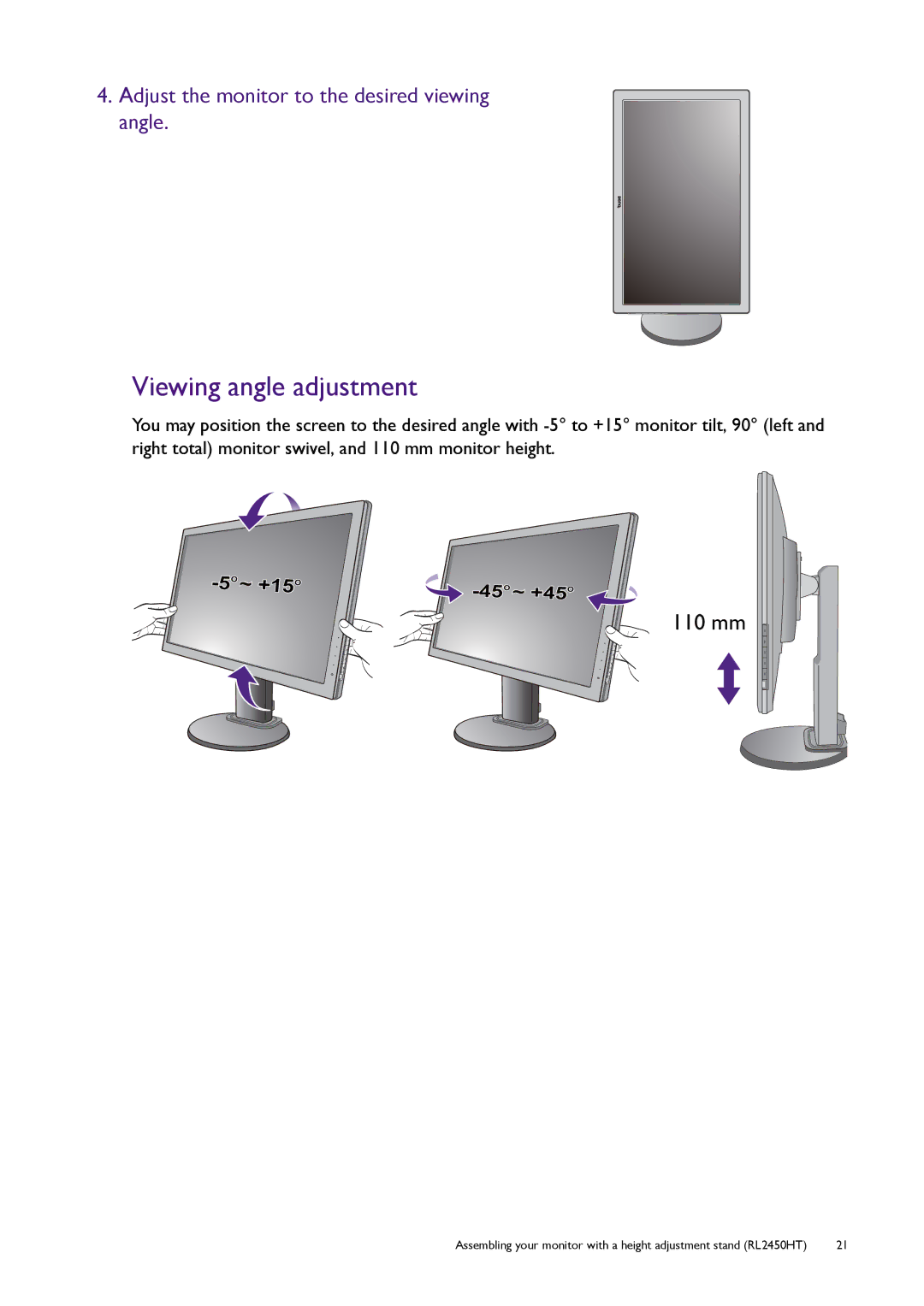 BenQ RL2455HM user manual Viewing angle adjustment 