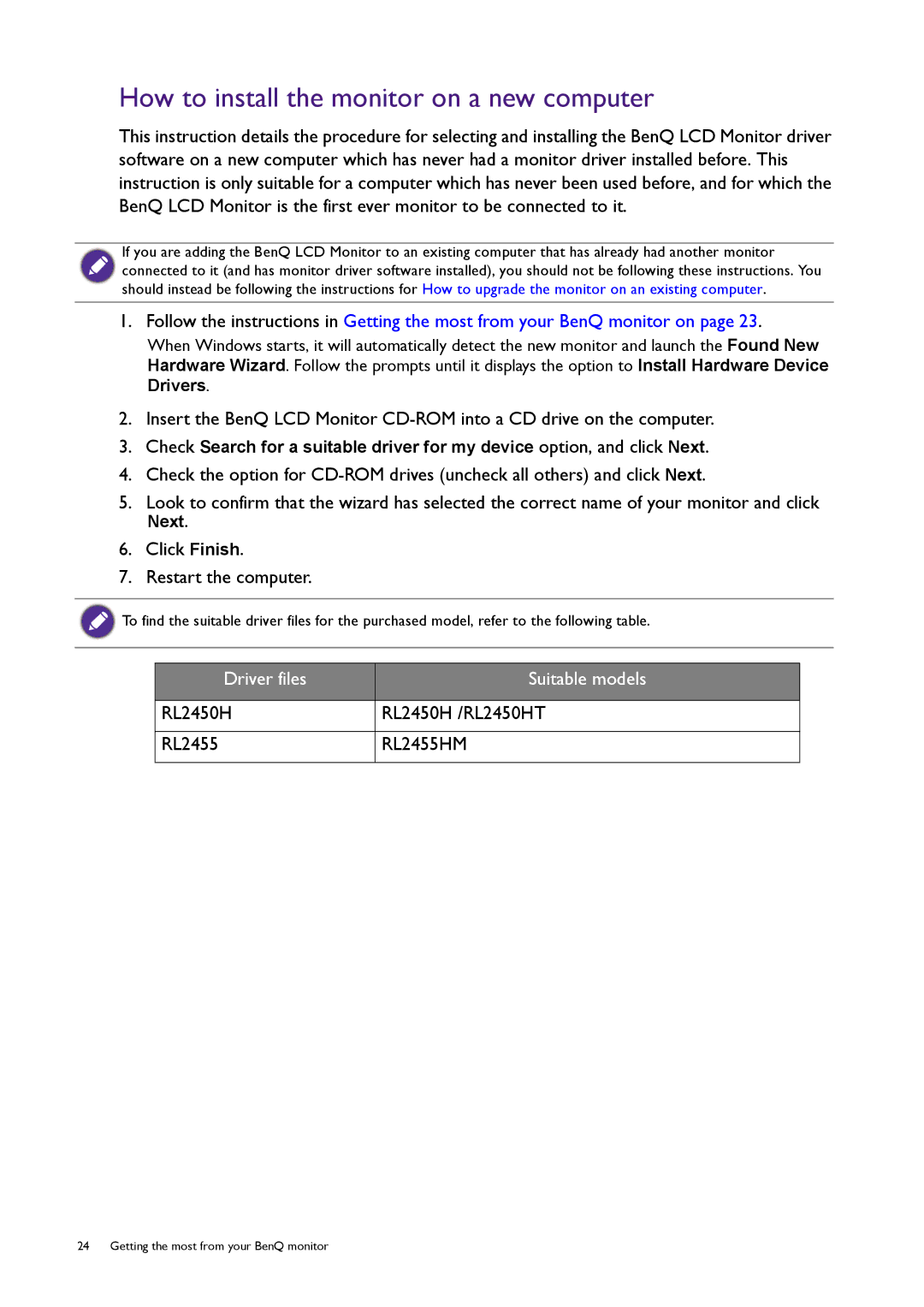 BenQ RL2455HM user manual How to install the monitor on a new computer, Click Finish Restart the computer 