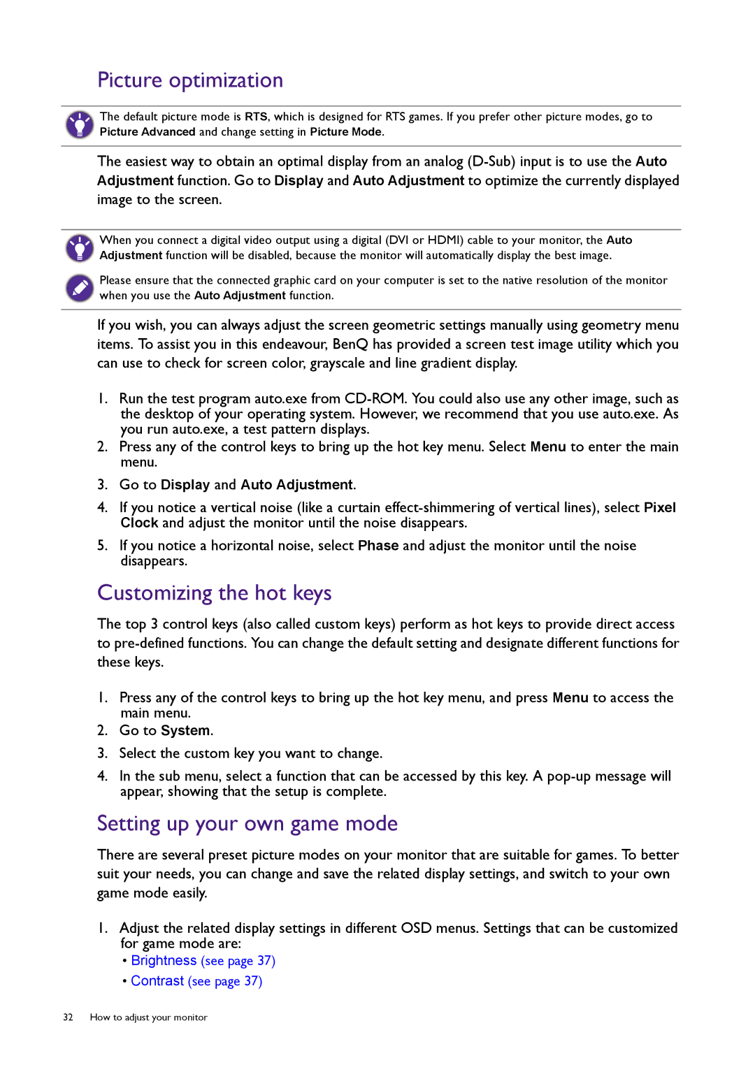 BenQ RL2455HM user manual Picture optimization, Customizing the hot keys, Setting up your own game mode 