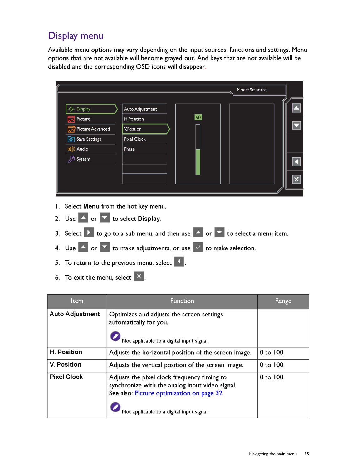 BenQ RL2455HM user manual Display menu, Adjusts the horizontal position of the screen image 