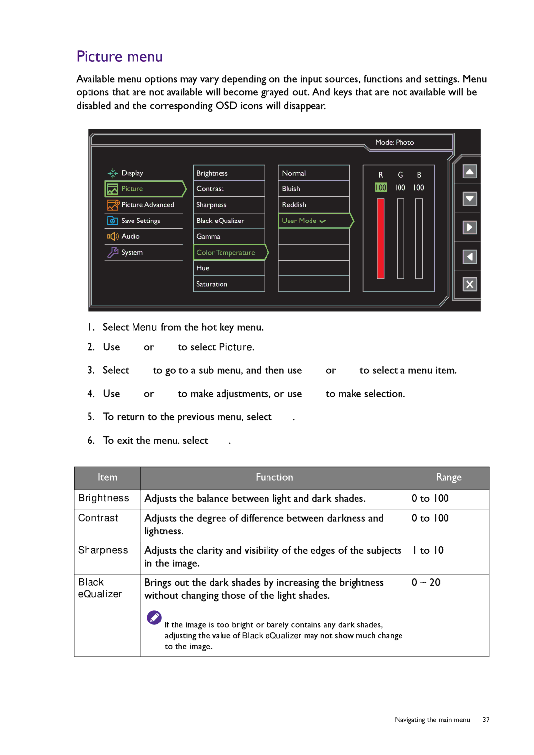 BenQ RL2455HM Picture menu, Adjusts the balance between light and dark shades, Without changing those of the light shades 