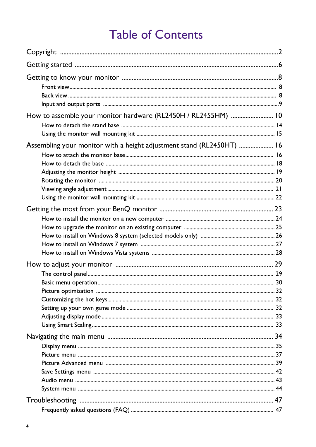 BenQ RL2455HM user manual Table of Contents 