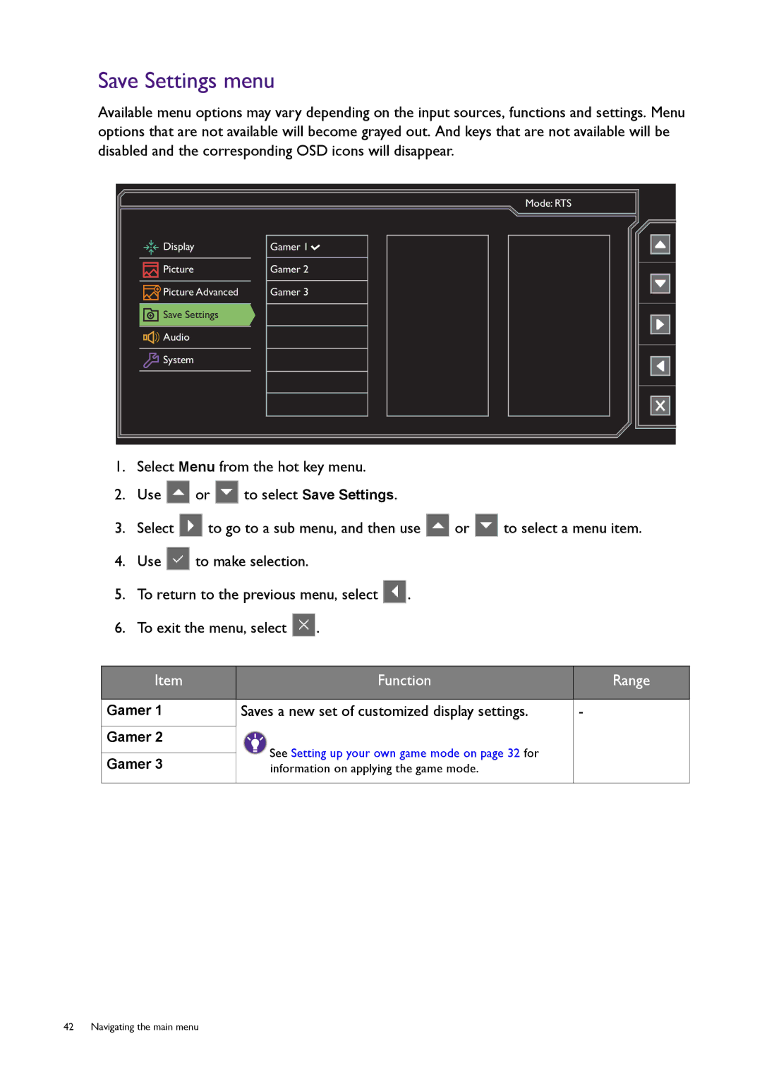 BenQ RL2455HM user manual Save Settings menu, Function Range 