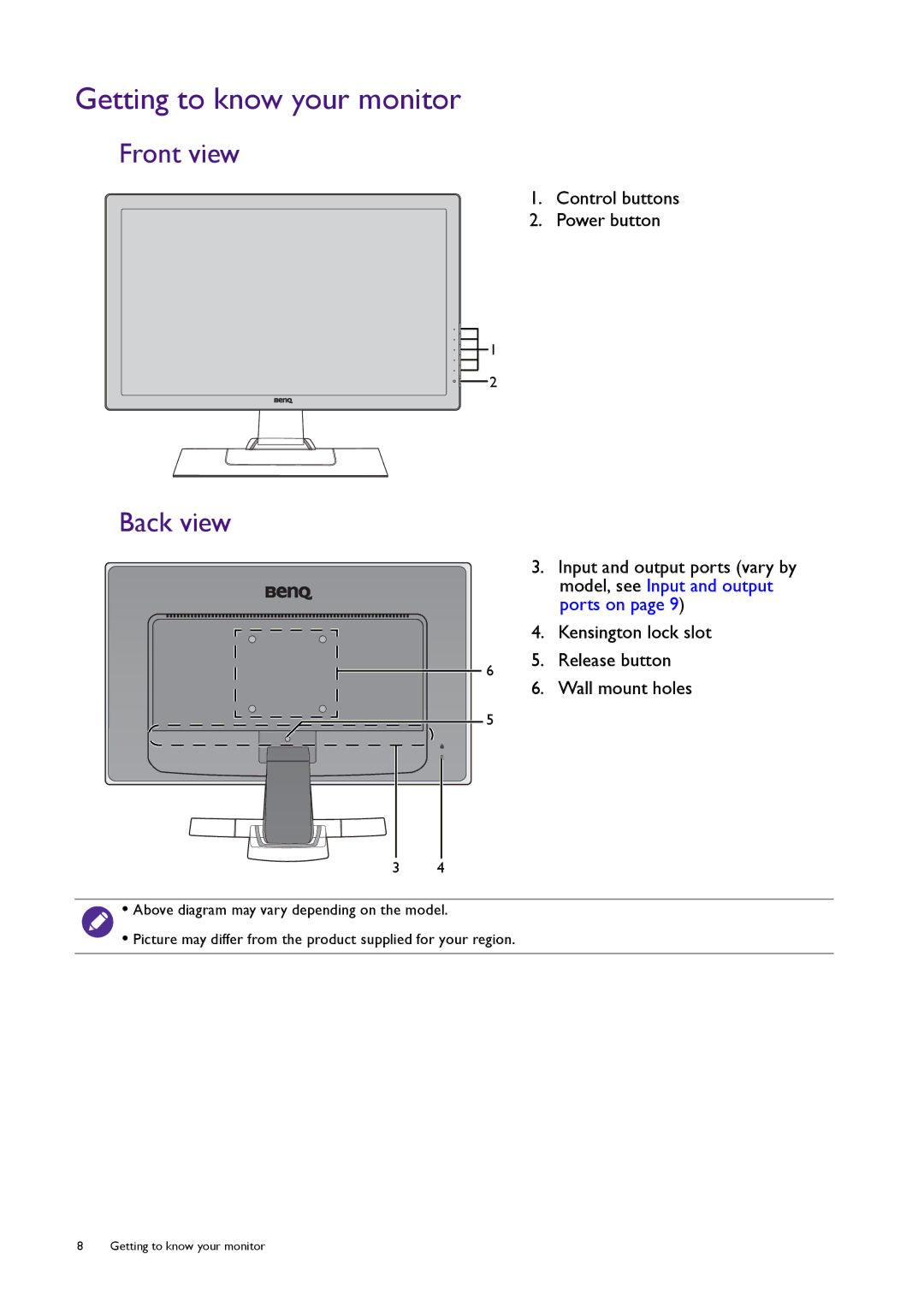 BenQ RL2455HM user manual Getting to know your monitor, Front view, Back view, Control buttons Power button 