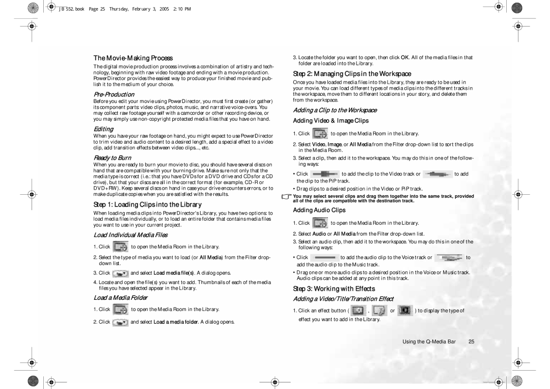 BenQ S52 Movie-Making Process, Loading Clips into the Library, Managing Clips in the Workspace, Working with Effects 