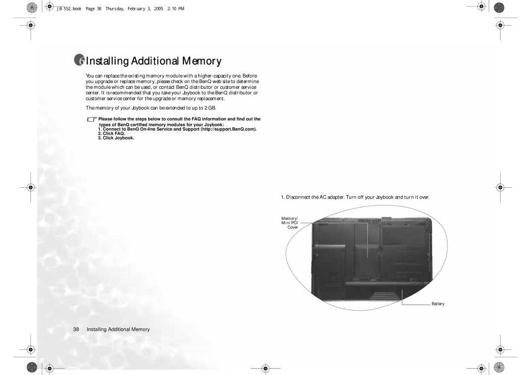 BenQ S52 user manual Installing Additional Memory, Memory of your Joybook can be extended to up to 2 GB 