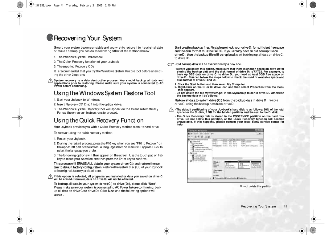 BenQ S52 user manual Recovering Your System, Using the Windows System Restore Tool, Using the Quick Recovery Function 