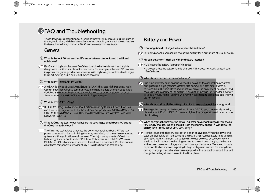 BenQ S52 user manual FAQ and Troubleshooting, General, Battery and Power 