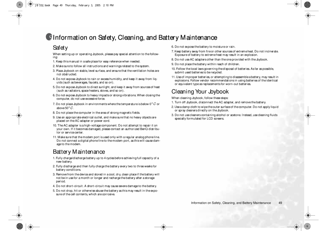 BenQ S52 user manual Information on Safety, Cleaning, and Battery Maintenance, Cleaning Your Joybook 