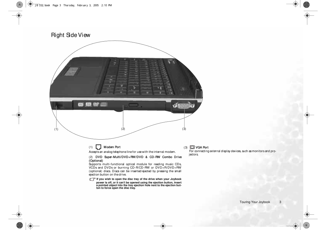 BenQ S52 user manual Right Side View, Modem Port, DVD Super-Multi/DVD+RW/DVD & CD-RW Combo Drive Optional, VGA Port 