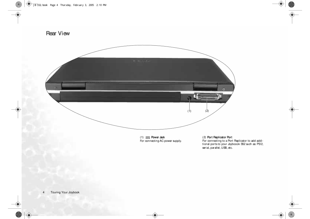 BenQ S52 user manual Rear View, Power Jack Port Replicator Port, For connecting AC power supply 