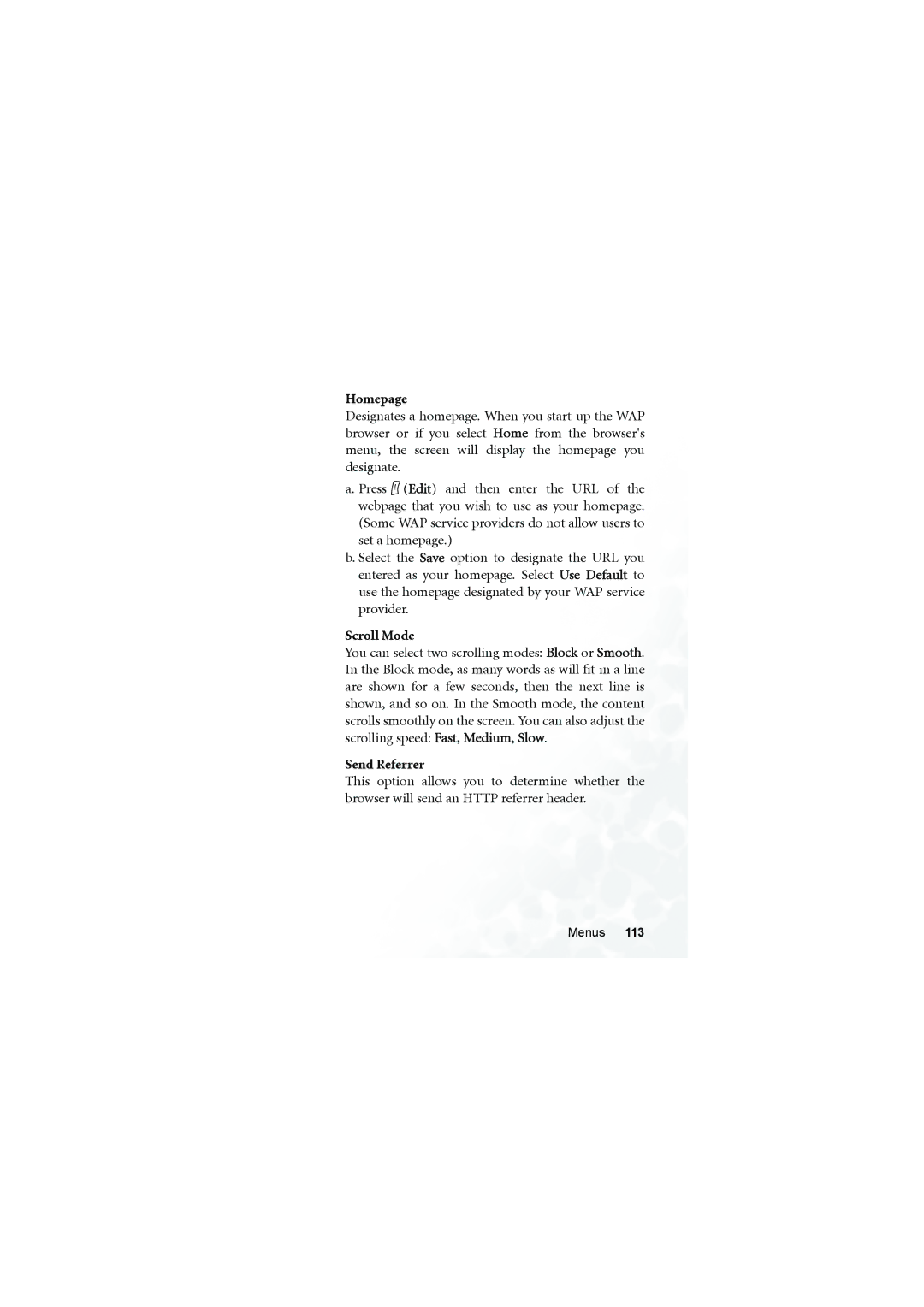 BenQ S660C user manual Homepage, Scroll Mode, Send Referrer 