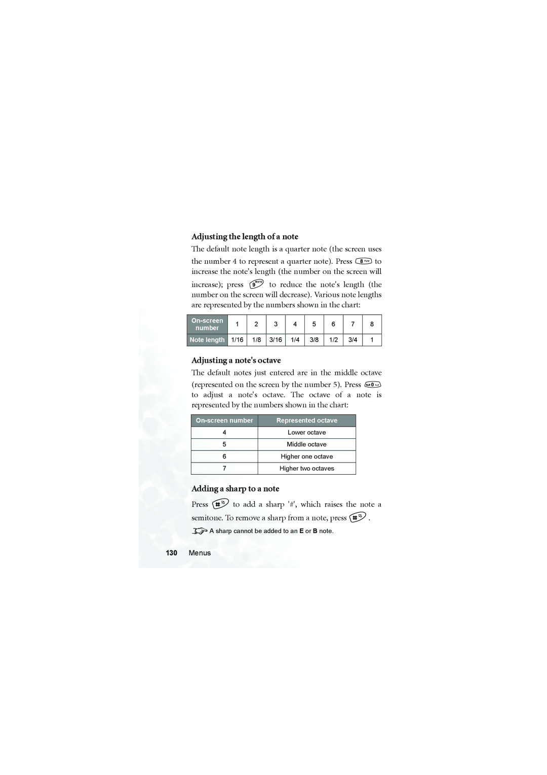 BenQ S660C user manual Adjusting the length of a note, Adjusting a notes octave, Adding a sharp to a note 