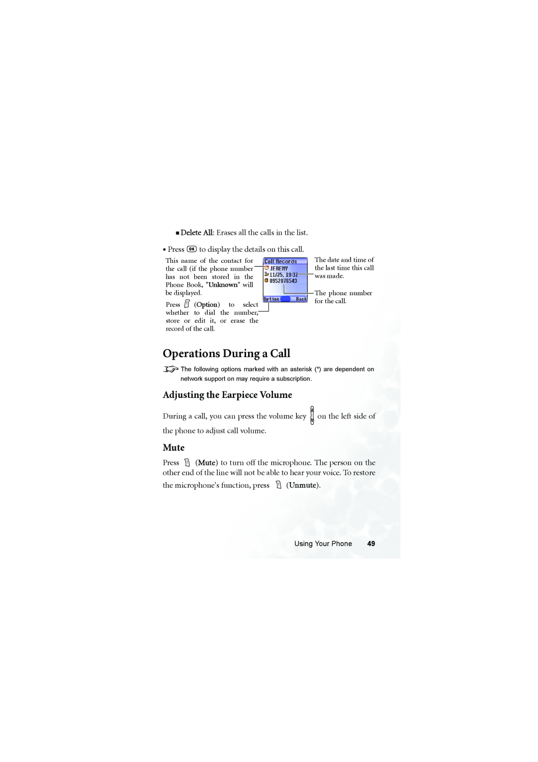 BenQ S660C user manual Operations During a Call, Adjusting the Earpiece Volume, Mute 