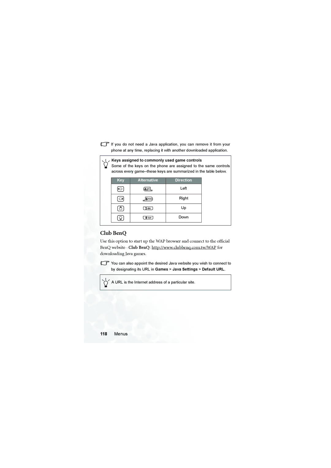 BenQ S700 user manual Club BenQ, Keys assigned to commonly used game controls 