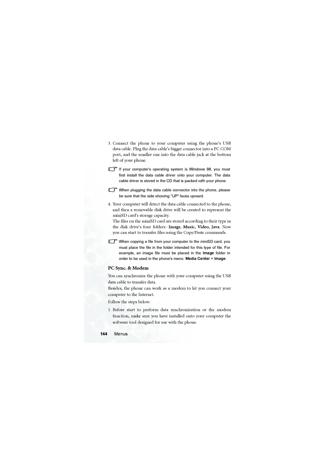 BenQ S700 user manual PC Sync. & Modem 