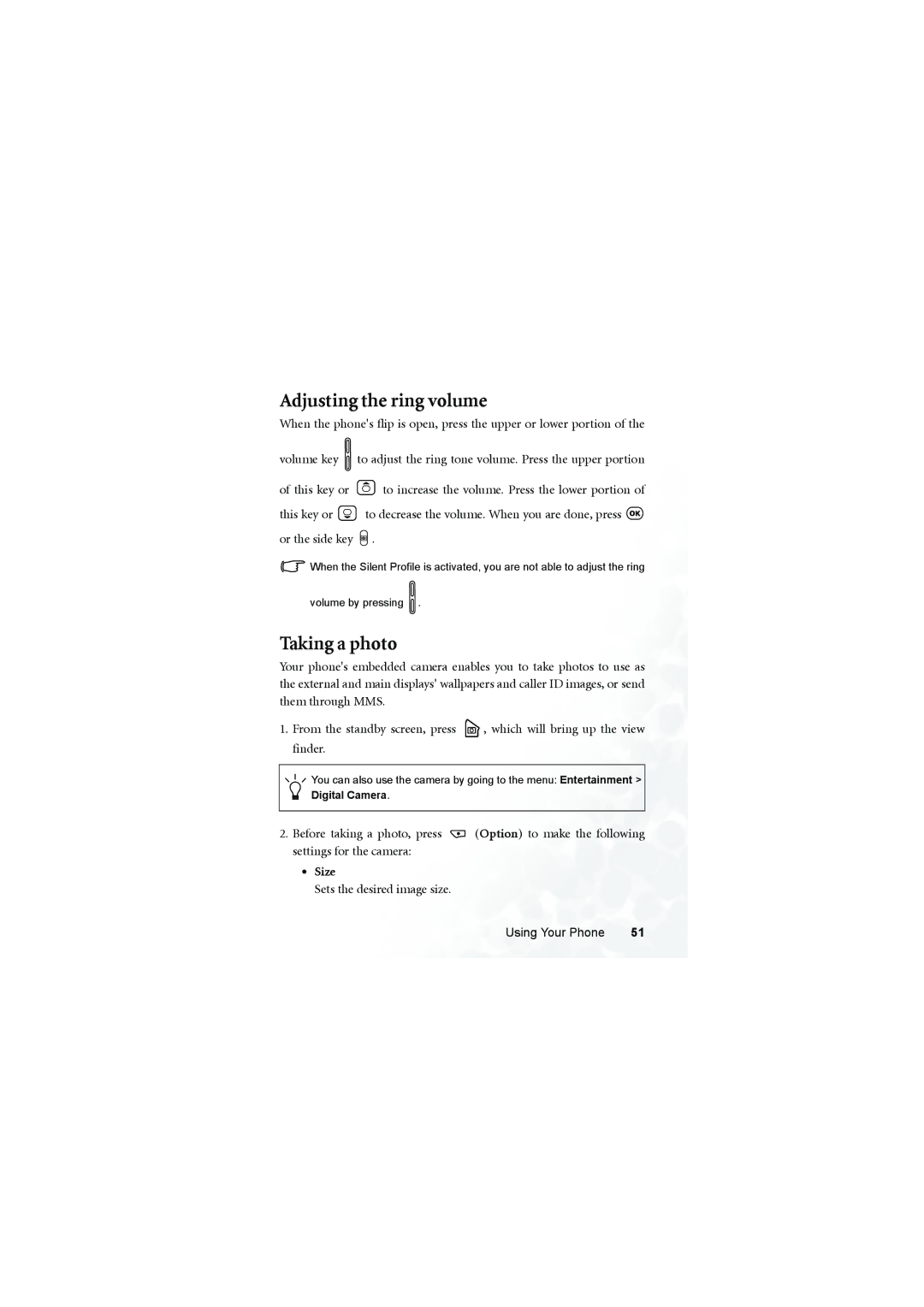 BenQ S700 user manual Adjusting the ring volume, Taking a photo, Size, Sets the desired image size, Digital Camera 