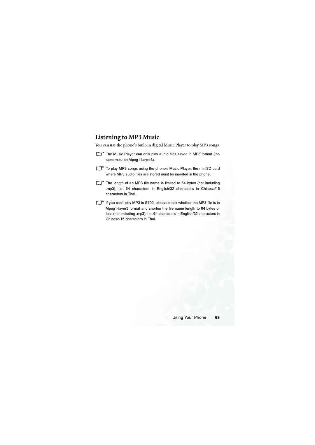 BenQ S700 user manual Listening to MP3 Music 