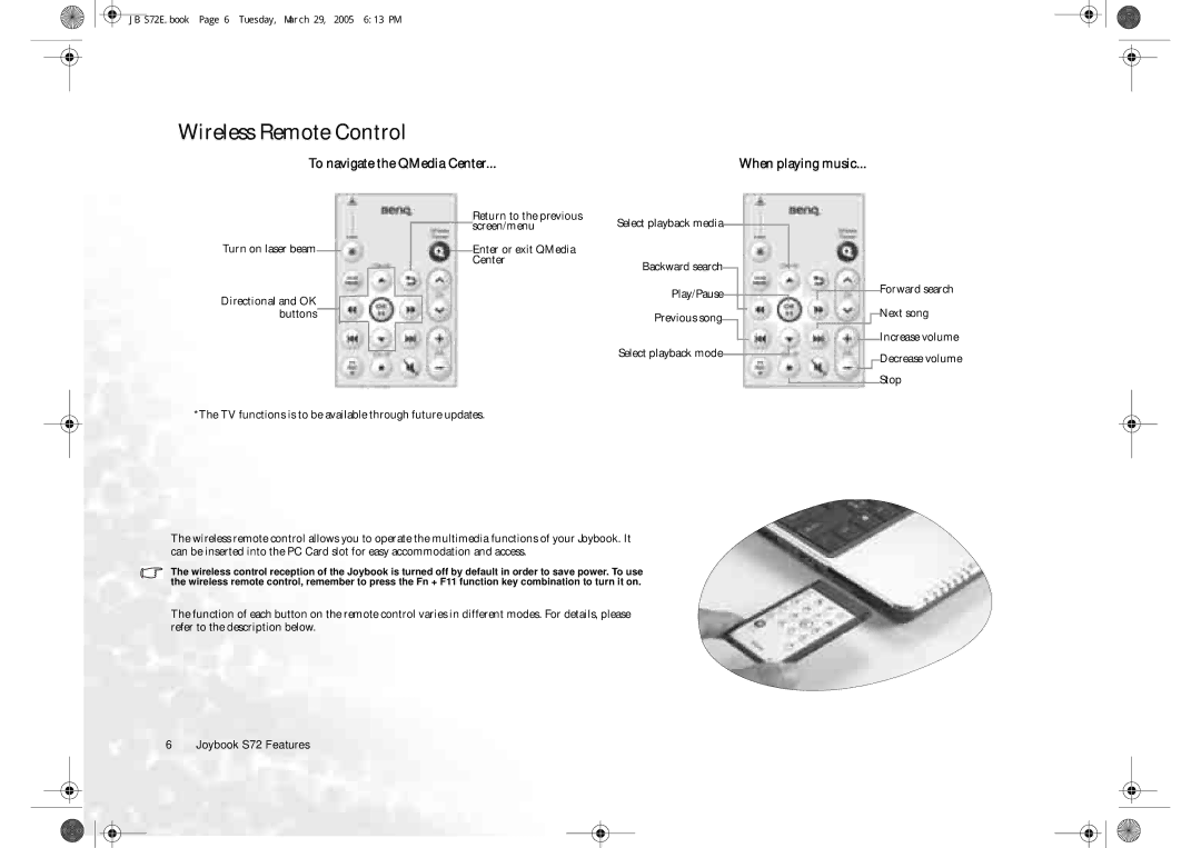 BenQ S72 user manual Wireless Remote Control, Turn on laser beam Directional and OK buttons 