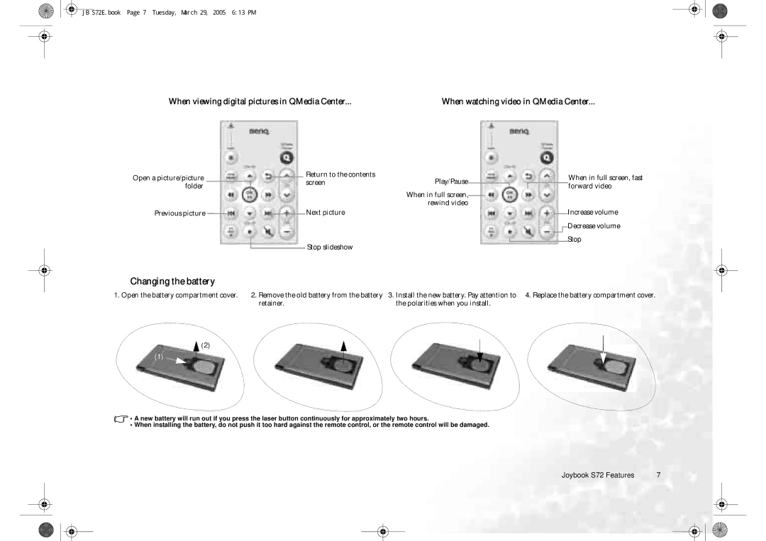 BenQ S72 Changing the battery, When watching video in QMedia Center, Open a picture/picture Return to the contents 