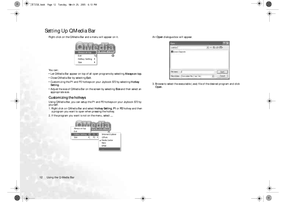 BenQ S72 user manual Setting Up QMedia Bar, Customizing the hotkeys 